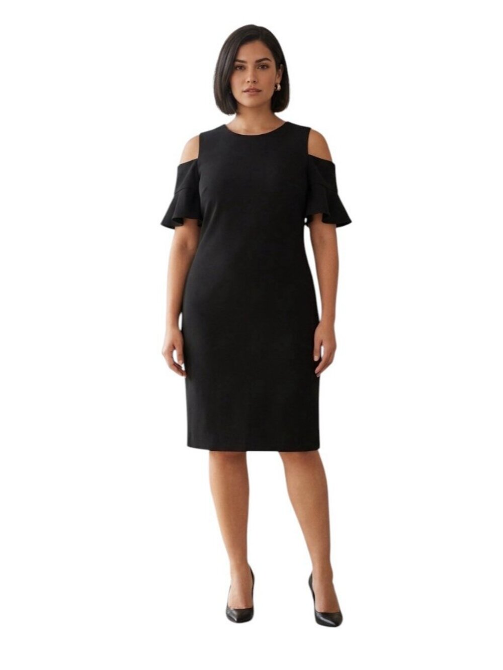 Calvin Klein Women’s Black Cold-Shoulder Sheath Dress with Ruffle Sleeves - Size